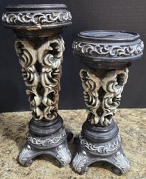 Set Of Distressed Vintage-style Carved Resin Candlestick Holders