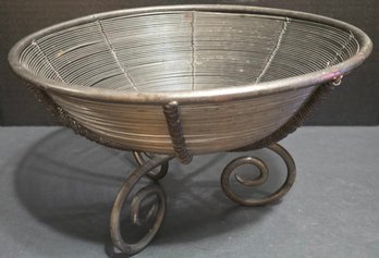 Handwoven Aluminum, French Style, 12' Round Wire Basket On Pedestal, 1990's