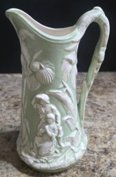 Vintage Green And White Ceramic Relief Pitcher, Often Referred To As A 'Paul & Virginia' Pitcher