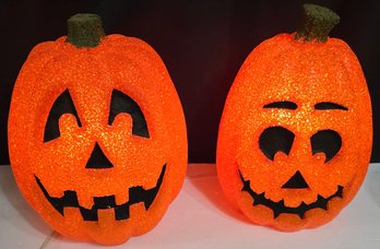 Pair Of Vintage Halloween Decorations Known As Melted Plastic Popcorn Jack-o'-lanterns