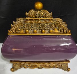 Vintage-style Ceramic Jewelry Trinket Box Featuring A Deep Purple, High-gloss Base And An Ornate