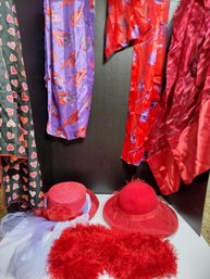 Red Hat Society Themed Apparel Items, Including Scarves And Hats