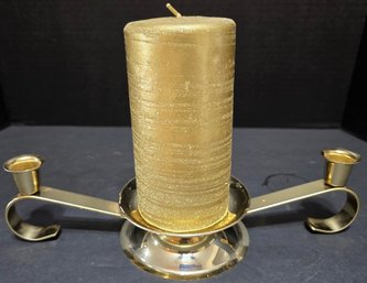 Gold-colored Metal Candelabra With A Pillar Candle And Two Taper Candle Holders