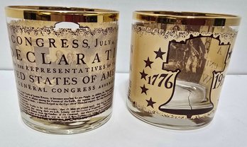 Pair Of Vintage 1976 United States Bicentennial Commemorative Rocks Glasses Featuring 22kt Gold Rims