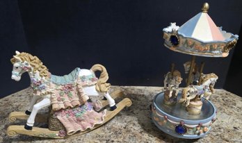 Vintage Ceramic Rotating Three-horse Carousel Music Box With Horse Figurine