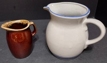 Vintage Blue Striped Pottery Pitcher And A Vintage Hull Pottery Small Pitcher Or Creamer