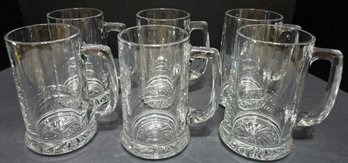 Set Of 6 Unbranded Glass Beer Steins Or Mugs With Heavy Bases And Handles