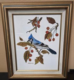 Vintage Reverse Glass Painting Of A Blue Jay
