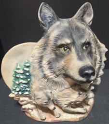 Wolf Head With Running Wolves In Rock Hand Made And Painted Ceramic Piece