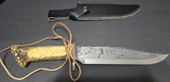 Deer Antler Knife 15.25 Stainless Steel Blade Stag Handle And Leather Sheath