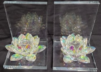 Appears To Be Sagebrook Home Set Of 2 Crystal Lotus Bookends, Rainbow