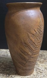 Mark Alewine Pottery Vase With A Pressed Fern Design And Speckled Glaze