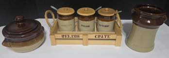 Vintage Enesco Wooden Relish Crate And Stoneware Condiment Jar Set
