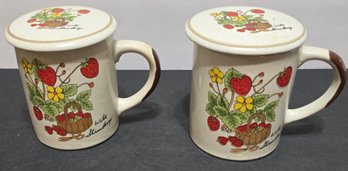 Pair Of Vintage Ceramic Mugs With Lids, Featuring A 'Wild Strawberry' Design