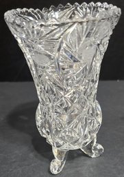 Vintage Cut Glass Three-footed Crystal Vase With A Pinwheel And Star Pattern