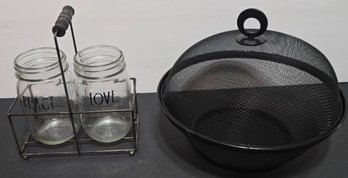 Black Metal Mesh Fruit Basket With Lid And A Rae Dunn Caddy With Two Mason Jars. Lids Not Included