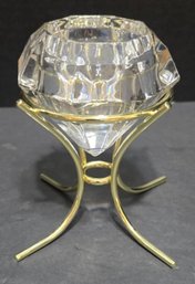 PartyLite Solitaire 24% Lead Crystal Diamond Votive Candle Holder With A Gold-tone Brass Stand