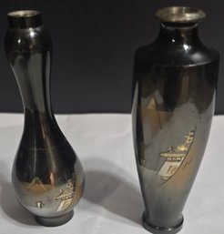 Pair Of Vintage Japaneses Mixed Metal Bud Vases