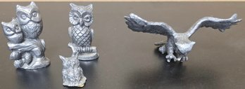Collection Of Vintage Pewter Figurines Featuring Several Owls And One Eagle