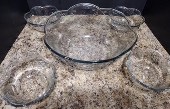 Set Of Anchor Hocking Savannah Clear Glass Serving Bowls, Featuring An Embossed Floral Design