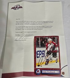 Letter With Autographed Postcard Adam Deadmarsh Of The Colorado Avalanche