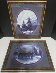 Vintage Framed Prints By Artist Joe Sambataro, Featuring Winter Scenes With Horses And Carriages