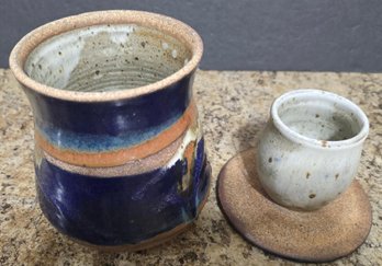 Vintage Handmade Studio Pottery Pitcher With Blue Lid/cup