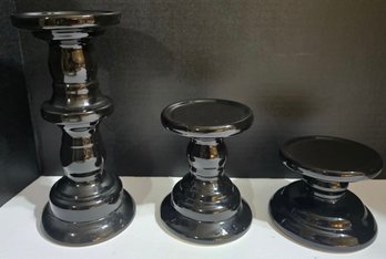 Set Of Three Black Ceramic Pillar Candle Holders