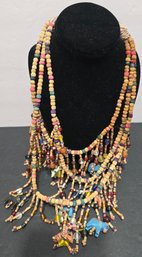 Vtg. African Multi-Strand Wooden Carved Animals & Beads Necklace