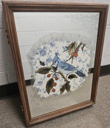 Vintage Mid-century Cabinet With Painted Glass Door Picture Featuring A Blue Bird Design