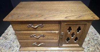 Vintage Wooden Jewelry Box With Lattice Doors And Multiple Drawers
