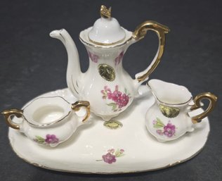 Vintage Miniature Fine Bone China Porcelain Tea Set- Tea Pot, Pitcher, & Plate
