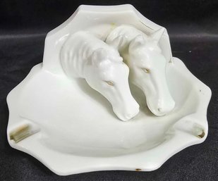 Vintage Mid-century 3D Horse Porcelain Ashtray Featuring Two Figural Horse Heads