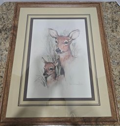 Framed Vintage Watercolor Art Print Titled 'Doe & Fawn' By Artist Paul Whitney Hunter