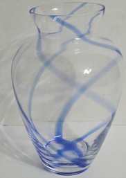 Hand-blown Glass Vase Featuring A Clear Body With A Cobalt Blue Swirl Pattern