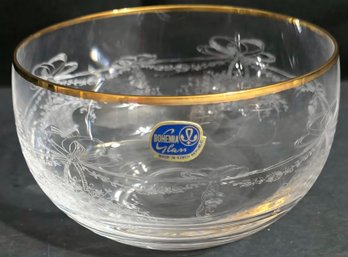 Vintage Bohemia Crystal Glass Bowl Featuring Etched Detailing And A Gold-trimmed Rim