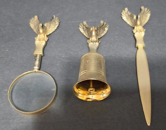 Vintage Three-piece Brass Desk Set Featuring An Eagle Motif