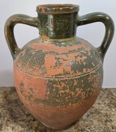 Vintage Terracotta Jug With Green Glaze And Two Handles
