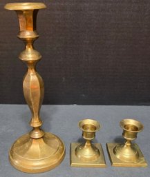 One Large And Two Smaller Vintage Brass Candle Holders