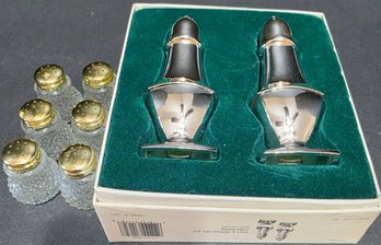 Set Of Oneida Silverplate Salt And Pepper Shakers & 3 Sets Of Vintage Cut Glass Salt And Pepper Shakers