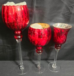 Appears To Be Three Red Mercury Glass Long-stem Goblet Candle Holders