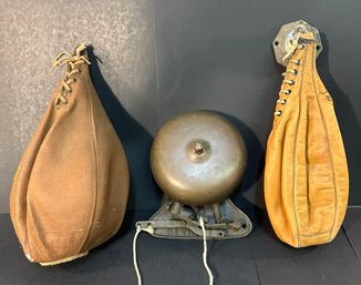 Antique Bevin Boxing Bell W/ Leather Speed Bag & Another