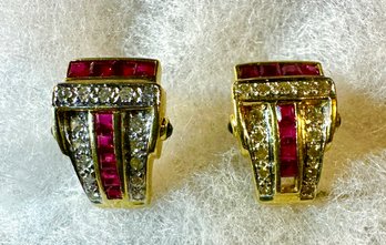 A Pair Of 14k Gold Ruby Diamond Earrings