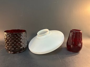 Ruby Hobnail Shade, Milk Glass Shade & Another