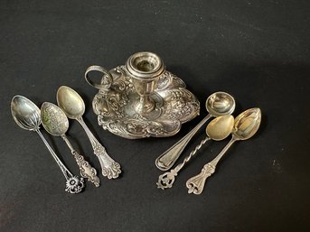 Diminutive Gorham Sterling Chamber Stick W/ Sterling Demitasse Spoons