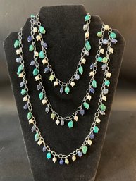 Opera Length Sterling, Turq, Lapis, Pearl Necklace