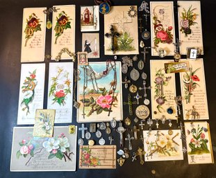 Vintage Religious Cards, Medals, Crosses And Rosary