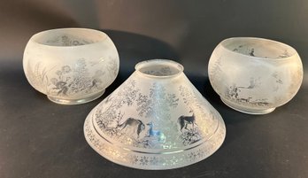 Three Antique Etched Glass Landscape Shades