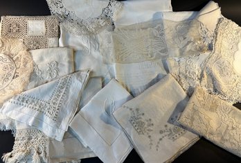Antique Linen Towels And Laces W/ Figural Borders On Many