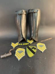 Antique German Bayonet, Riding Spats, W/ US Army Patches